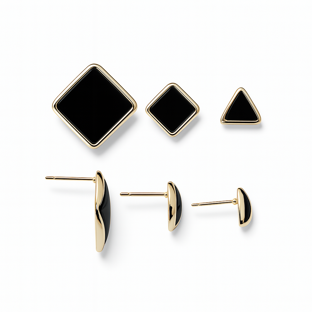 Diamond-Shaped Black Enamel Stud Earrings Set – 14K Gold Plated Silver