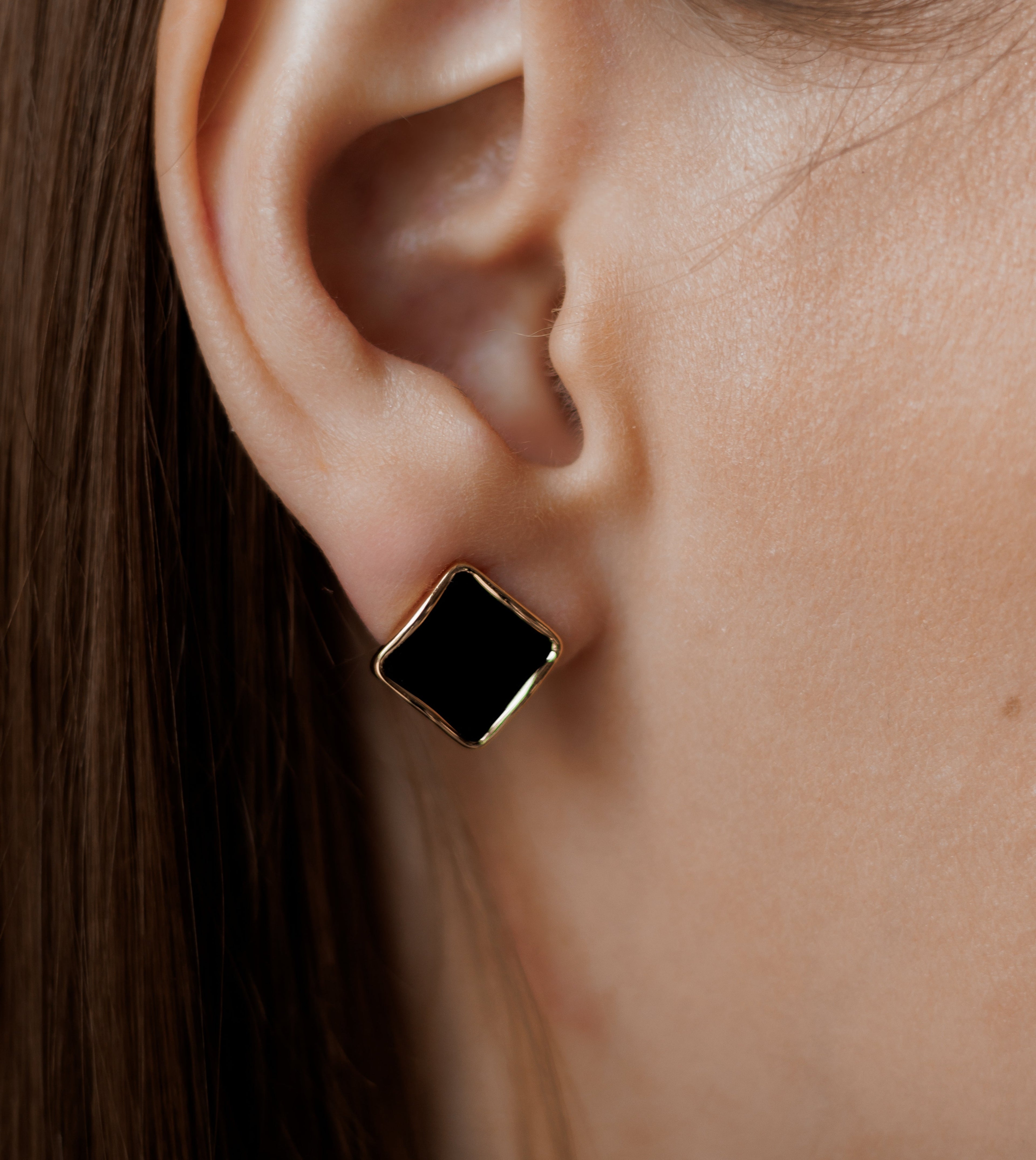 Diamond-Shaped Black Enamel Stud Earrings Set – 14K Gold Plated Silver