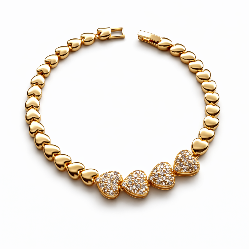 18K Gold Plated Brass 18+2 cm Heart CZ Bracelet | Wholesale