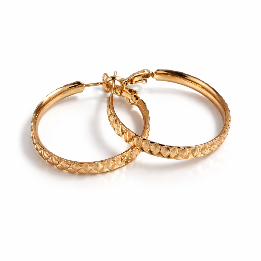 18K Gold Plated Textured Hoop Earrings 30 mm