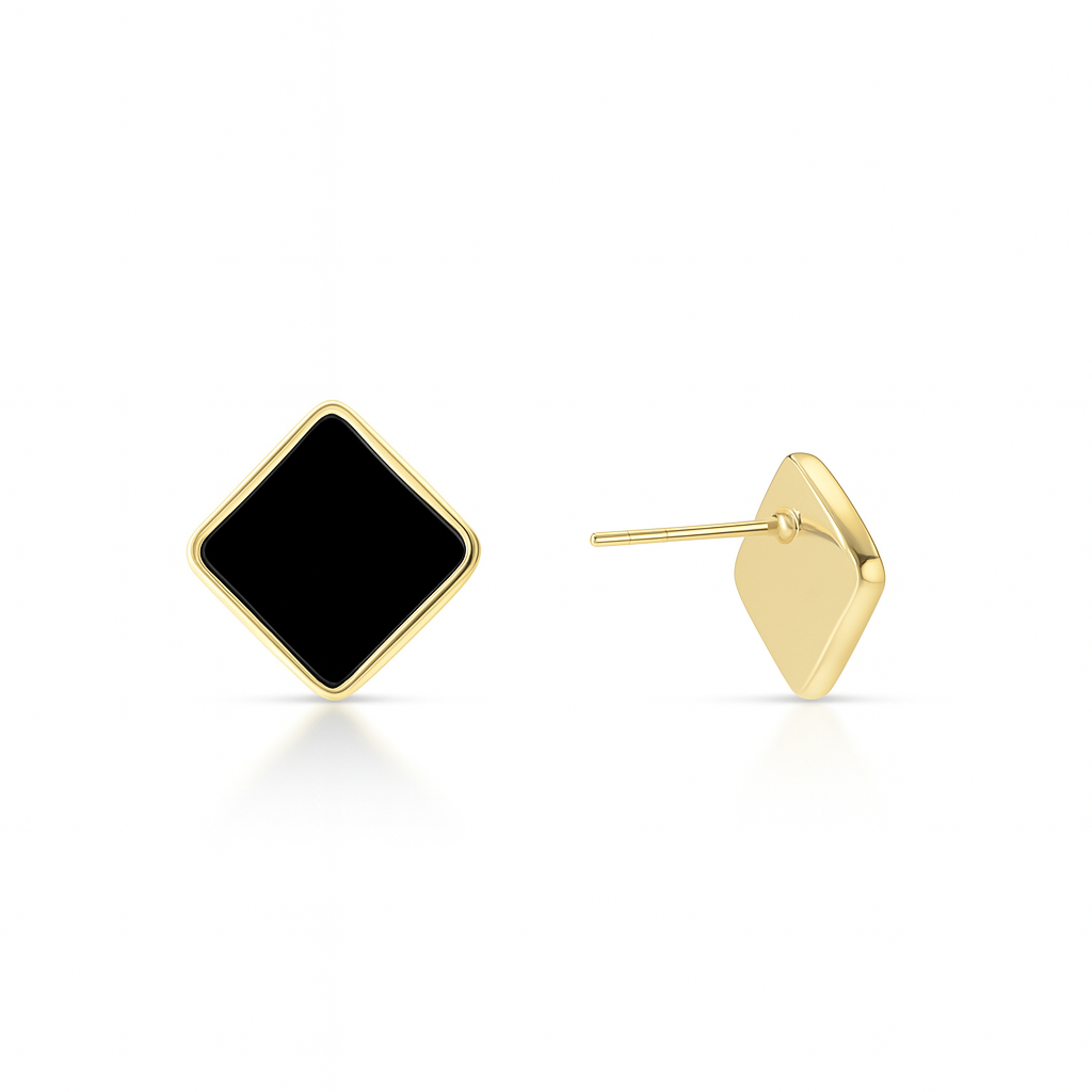 Diamond-Shaped Black Enamel Stud Earrings Set – 14K Gold Plated Silver
