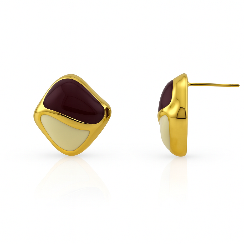 925 Silver Geometric Stud Earrings – Gold-Plated with Enamel