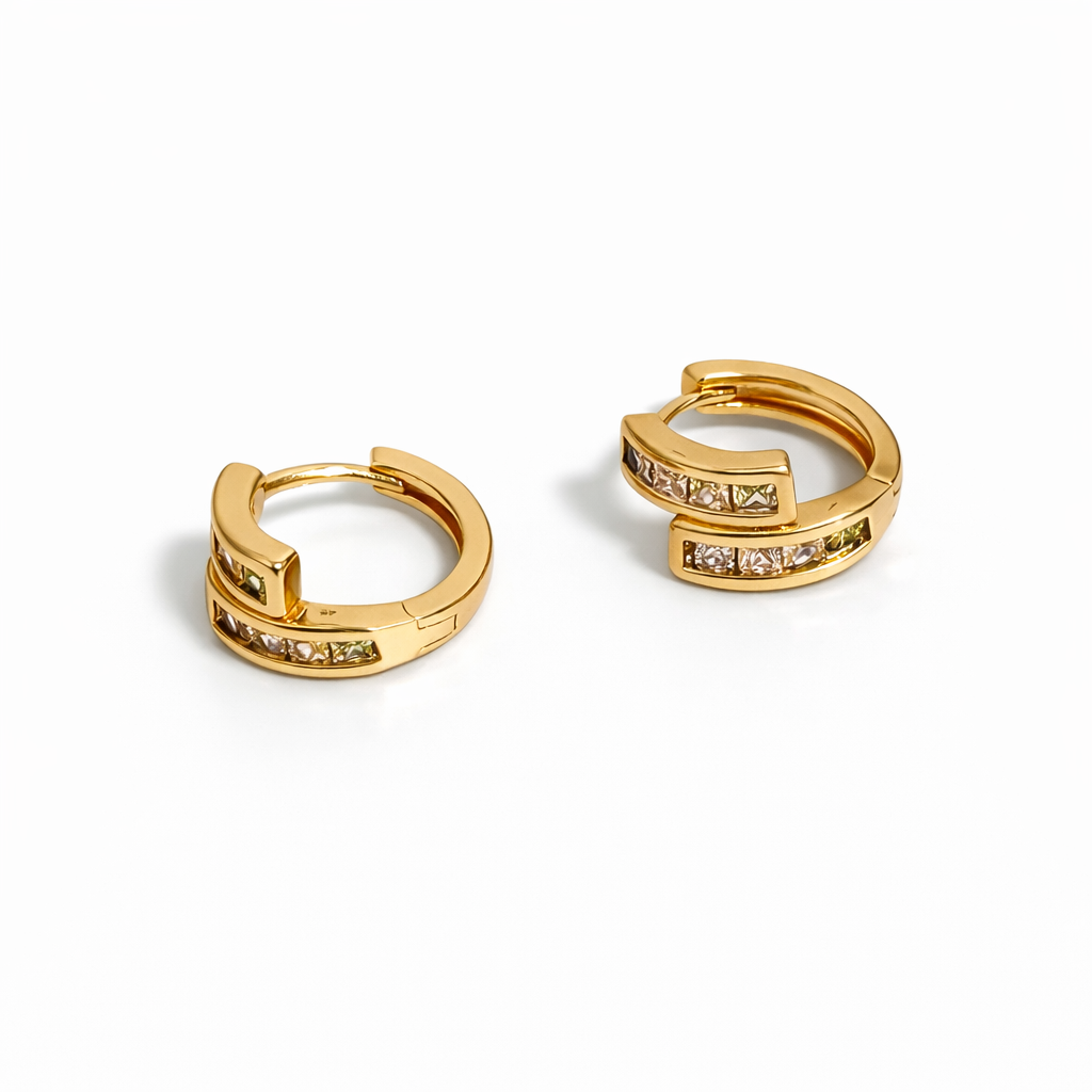 18K Gold Plated Geometric Huggie Earrings with Stones 13 × 6 mm