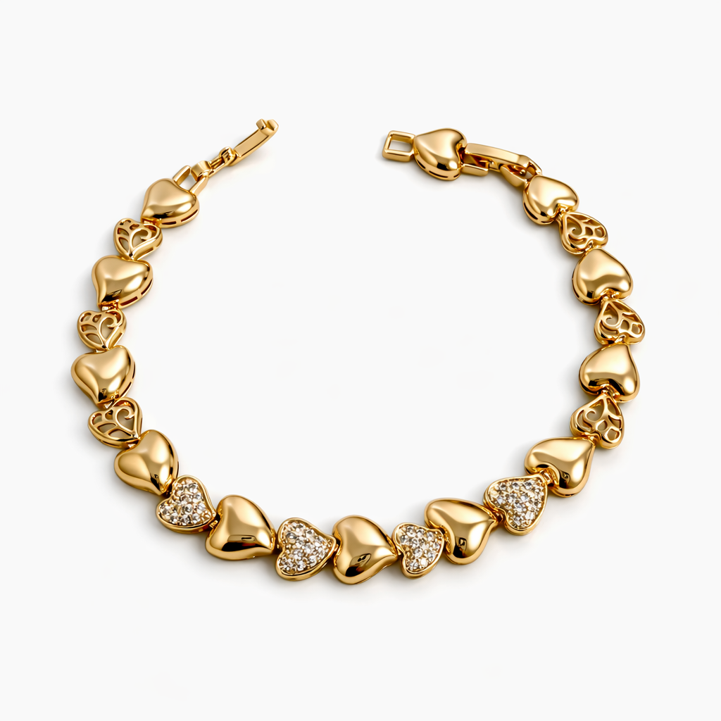 18K Gold Plated Brass 18+2 cm Heart CZ Bracelet | Wholesale