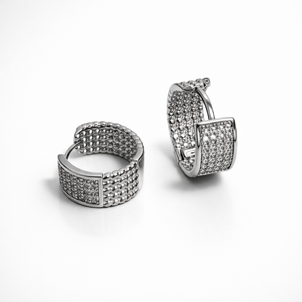 Rhodium Plated Pavé Huggie Earrings 15 × 8 mm