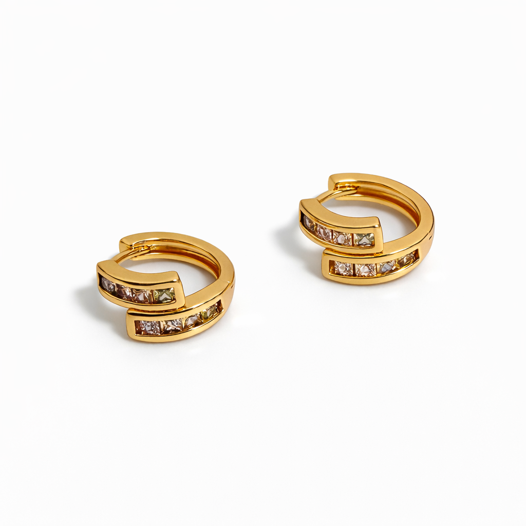 18K Gold Plated Geometric Huggie Earrings with Stones 13 × 6 mm