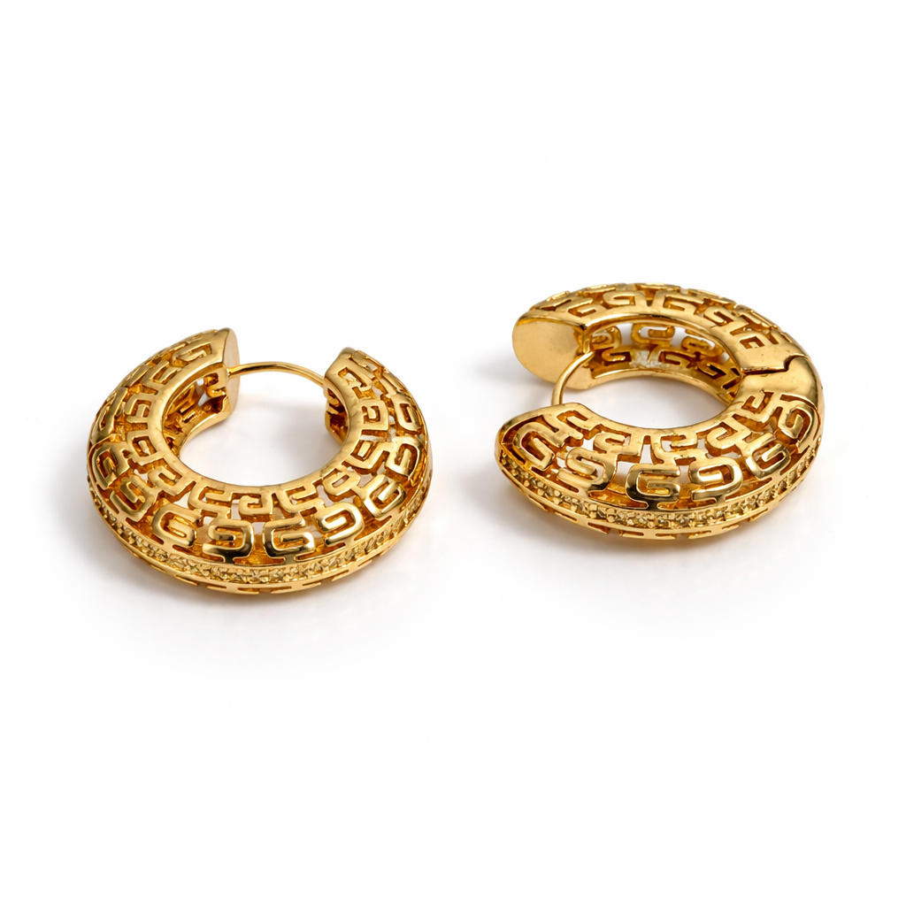 18K Gold Plated Patterned Hoop Earrings with Stones 25 mm