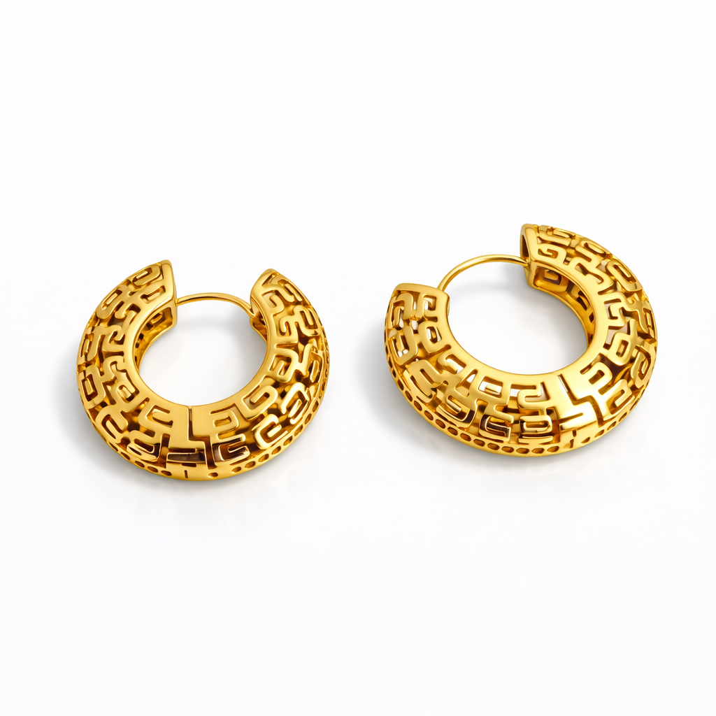 18K Gold Plated Patterned Hoop Earrings with Stones 25 mm