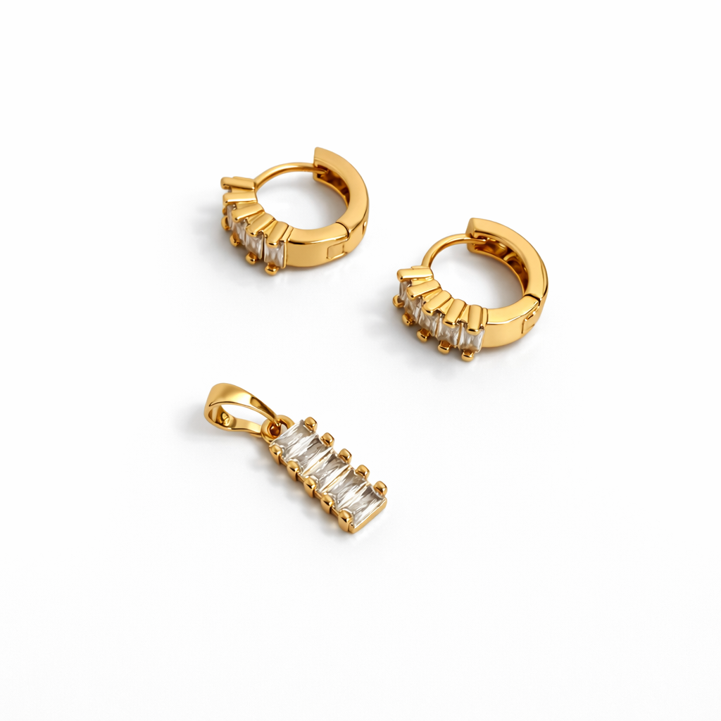 18K Gold Plated Pavé Huggie Earrings & Pendant Set