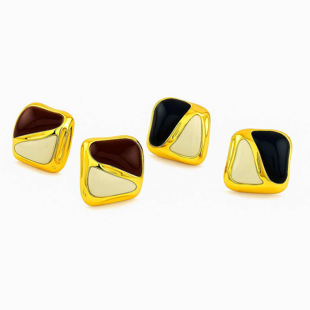 925 Silver Geometric Stud Earrings – Gold-Plated with Enamel