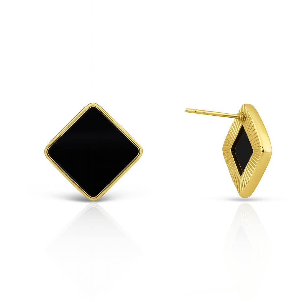 Diamond-Shaped Black Enamel Stud Earrings Set – 14K Gold Plated Silver