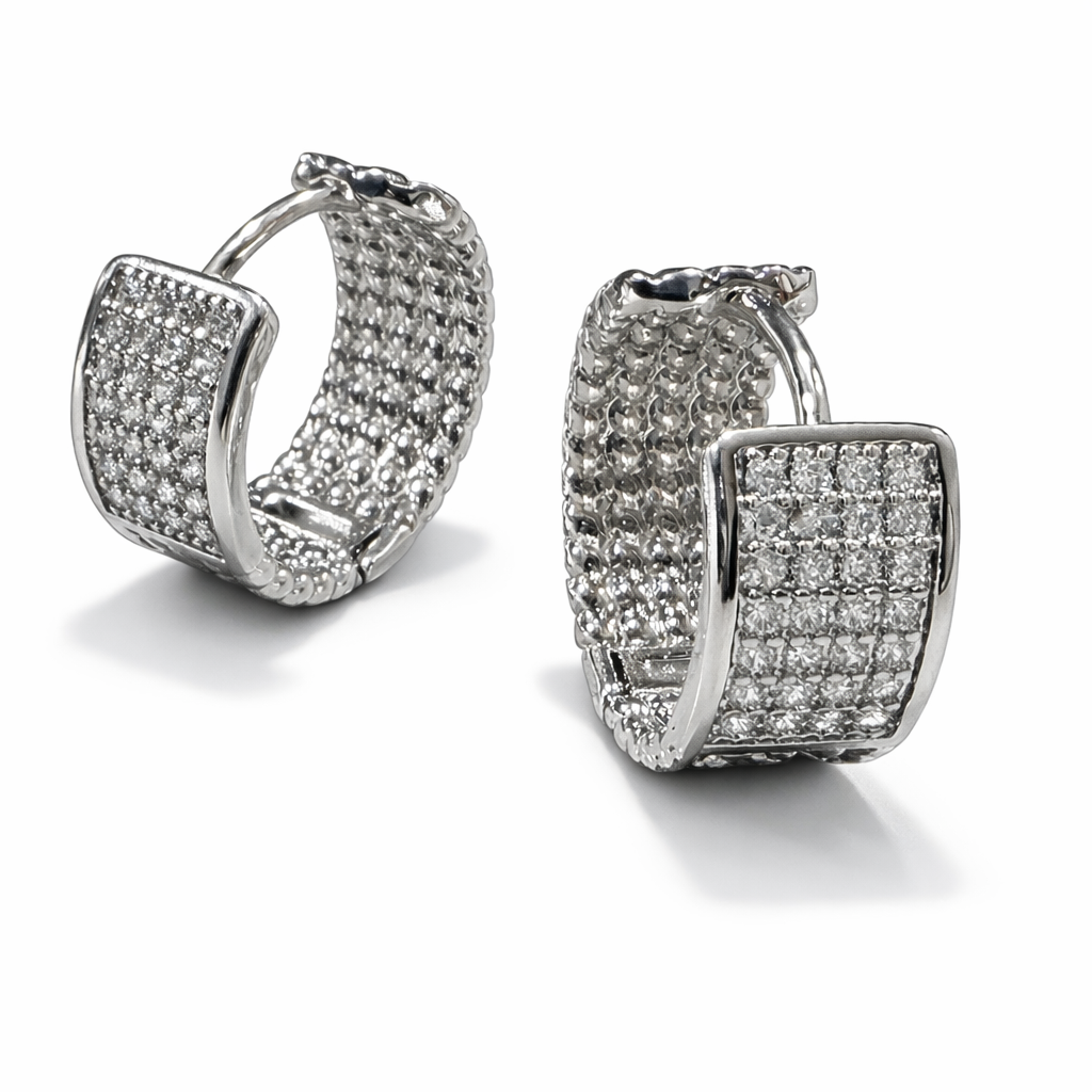 Rhodium Plated Pavé Huggie Earrings 15 × 8 mm