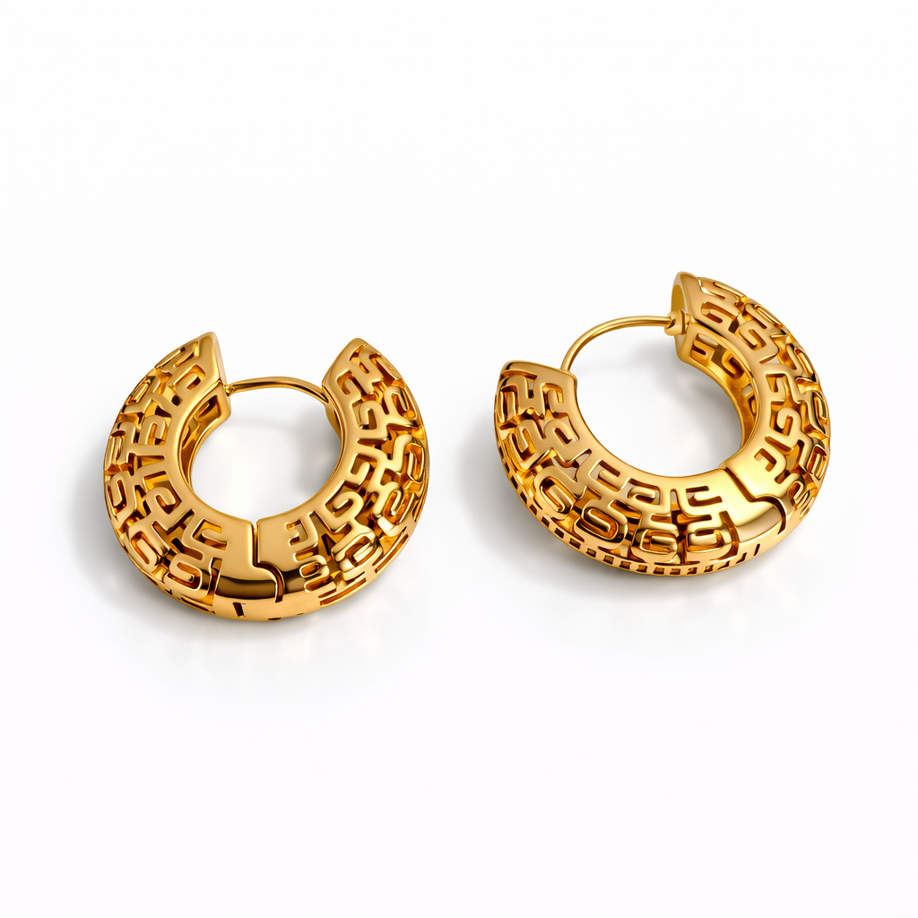 18K Gold Plated Patterned Hoop Earrings with Stones 25 mm