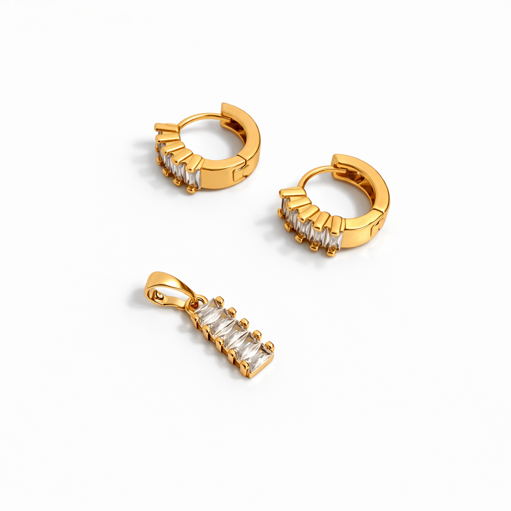 18K Gold Plated Pavé Huggie Earrings & Pendant Set