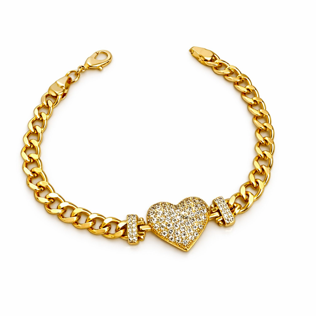 14k Gold Plated Brass 19 cm Heart CZ Cuban Bracelet | Wholesale